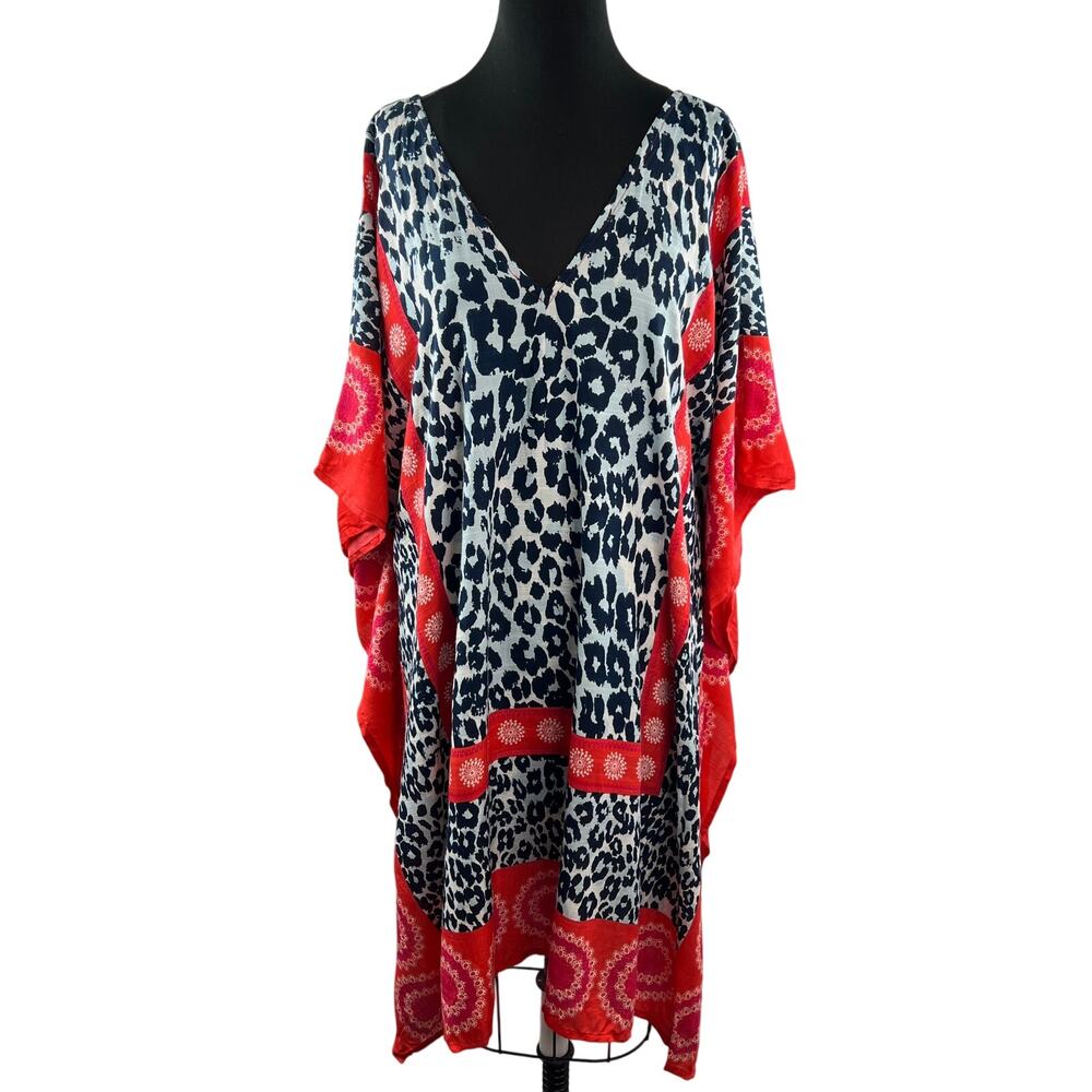T+C Theodora & Callum Leopard Print Kaftan Red V-Neckline Boho Cover Up OSFM